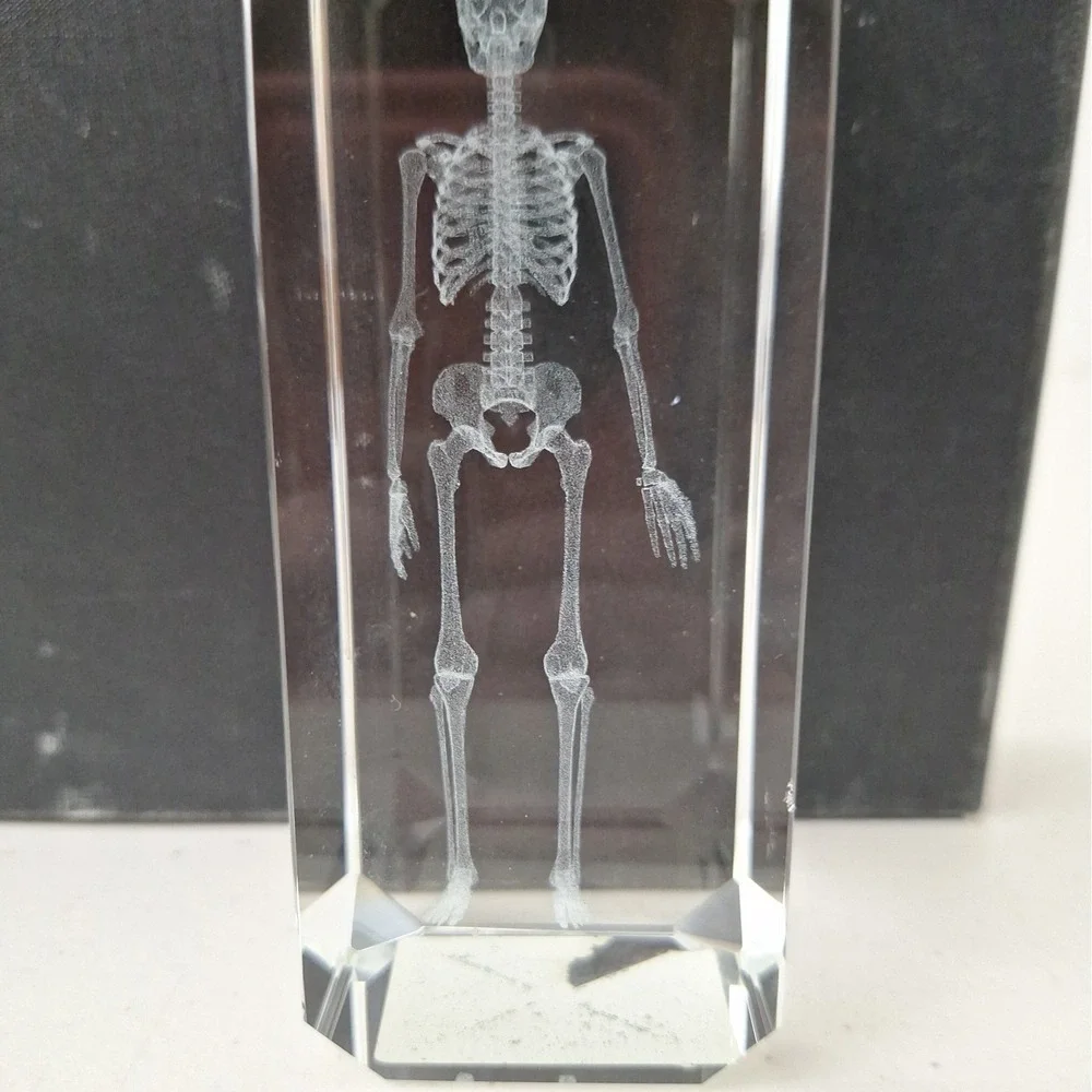 Crystal Paperweight Holographic Skeleton 3D Laser Etched Halloween Vintage 4.75